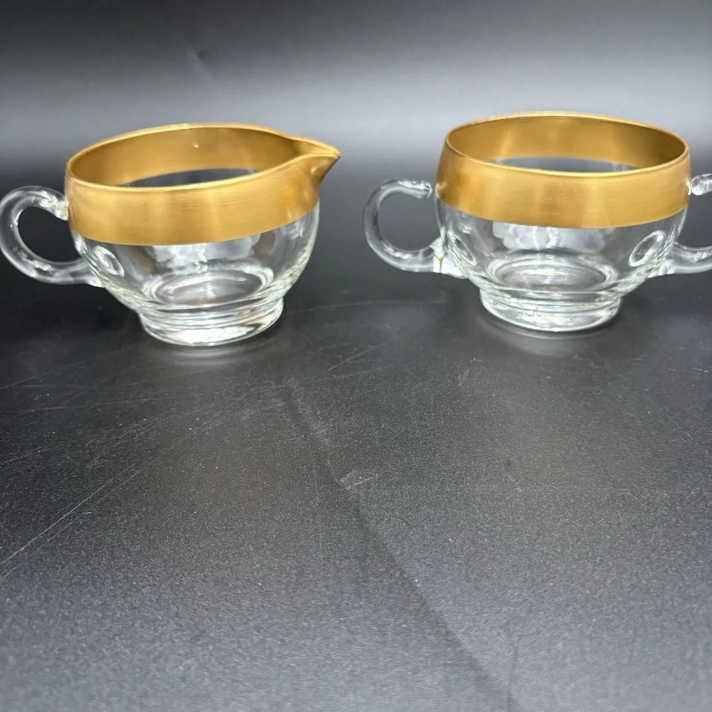 Vtg Dorothy Thorpe Glass Sugar Creamer Set Gold Band 60s MCM Retro